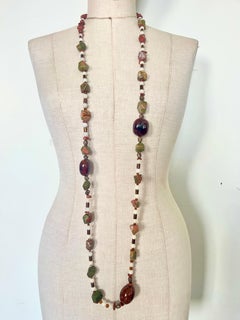 Unakite, Agate, Copper, and Glazed Ceramic Statement Necklace- 72 cm, 300g
