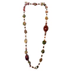 Unakite, Agate, Copper, and Glazed Ceramic Statement Necklace- 72 cm, 300g