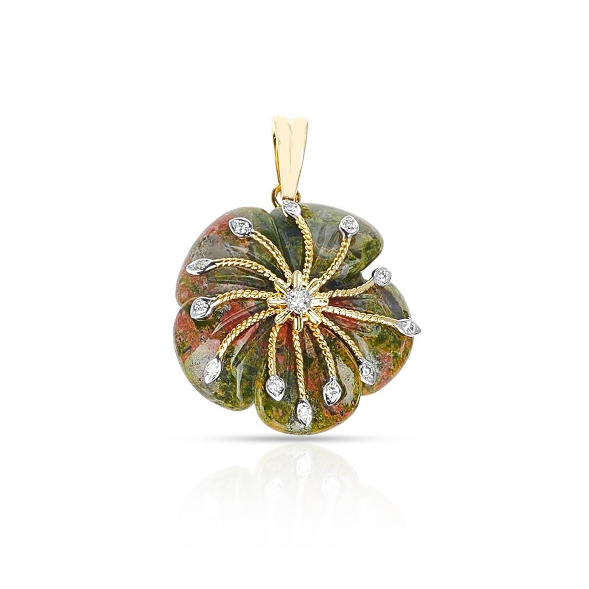 A beautiful Unakite Carved Floral Pendant with 14k Goldwork and Diamonds. The unakite weighs 23.90 carats. The diamonds weigh 0.14 carats. The length is 1.25 inches. The total weight of the pendant is 6.86 grams. 