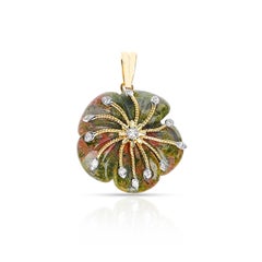 Unakite Carved Floral Pendant with 14k Goldwork and Diamonds