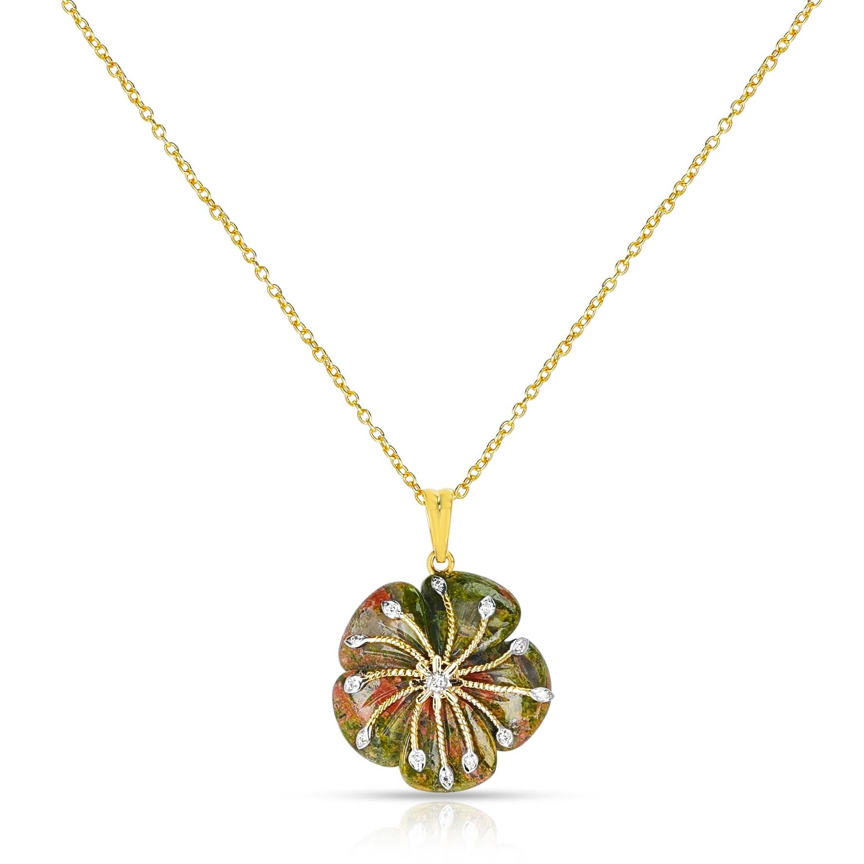 Round Cut Unakite Carved Floral Pendant with 14k Goldwork and Diamonds For Sale