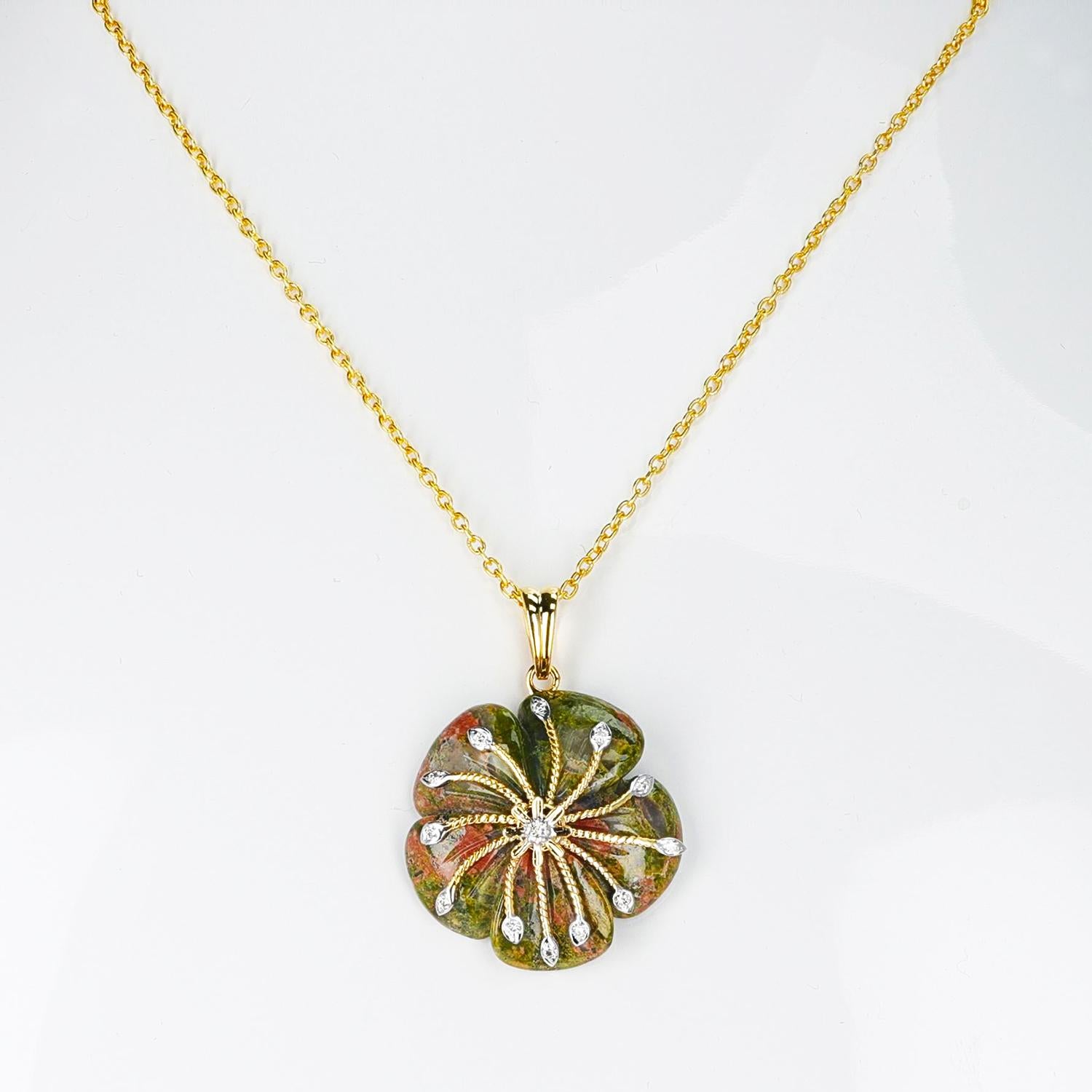 Unakite Carved Floral Pendant with 14k Goldwork and Diamonds In New Condition For Sale In New York, NY