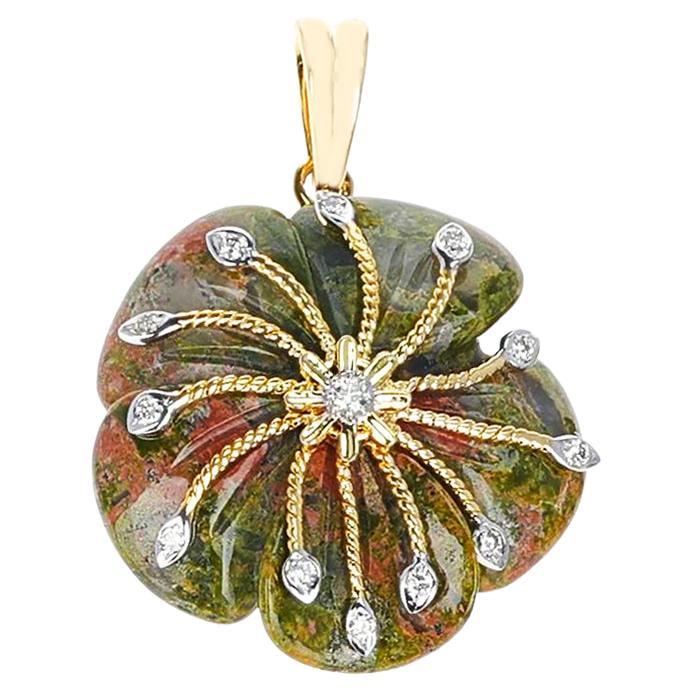 Unakite Carved Floral Pendant with 14k Goldwork and Diamonds For Sale