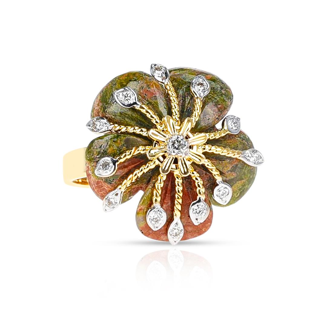 Round Cut Unakite Carved Floral Ring with 14k Goldwork and Diamonds