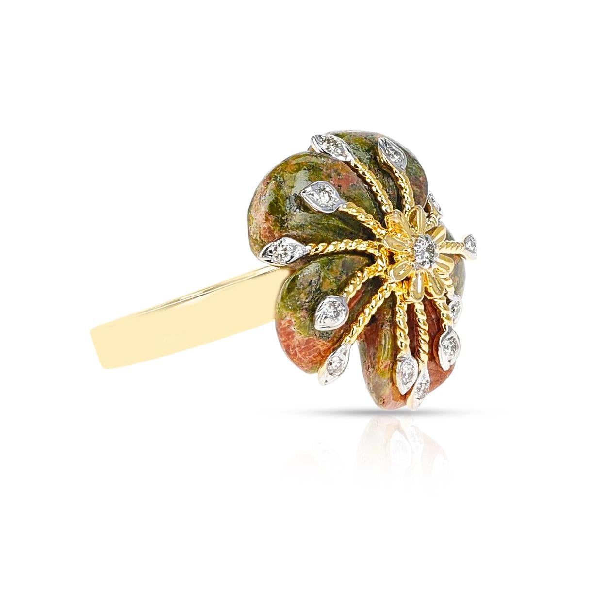 Unakite Carved Floral Ring with 14k Goldwork and Diamonds In New Condition In New York, NY