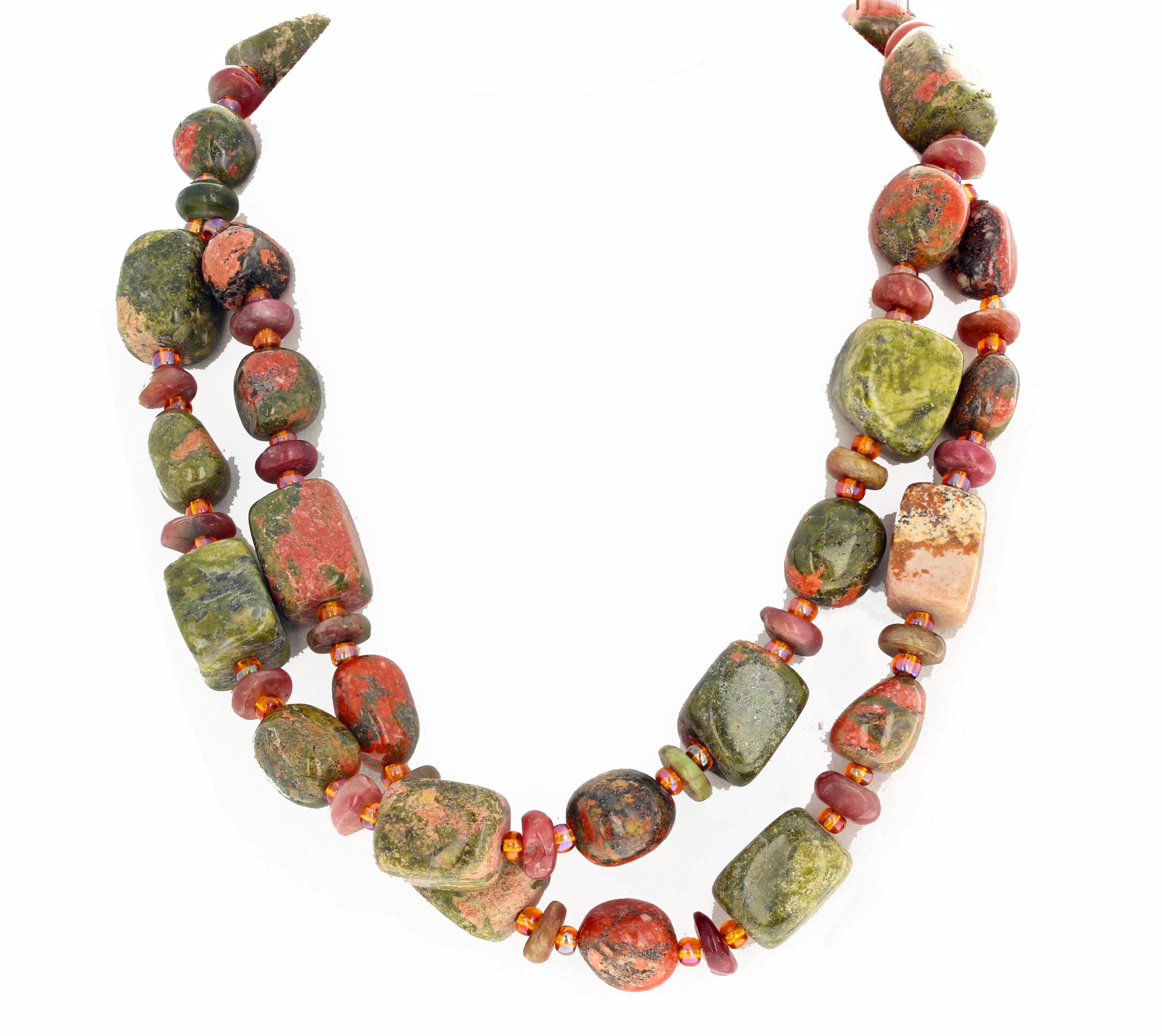 Gemjunky Extraordinary Rare Natural Unakite Jasper & Tourmaline Double Necklace In New Condition In Raleigh, NC