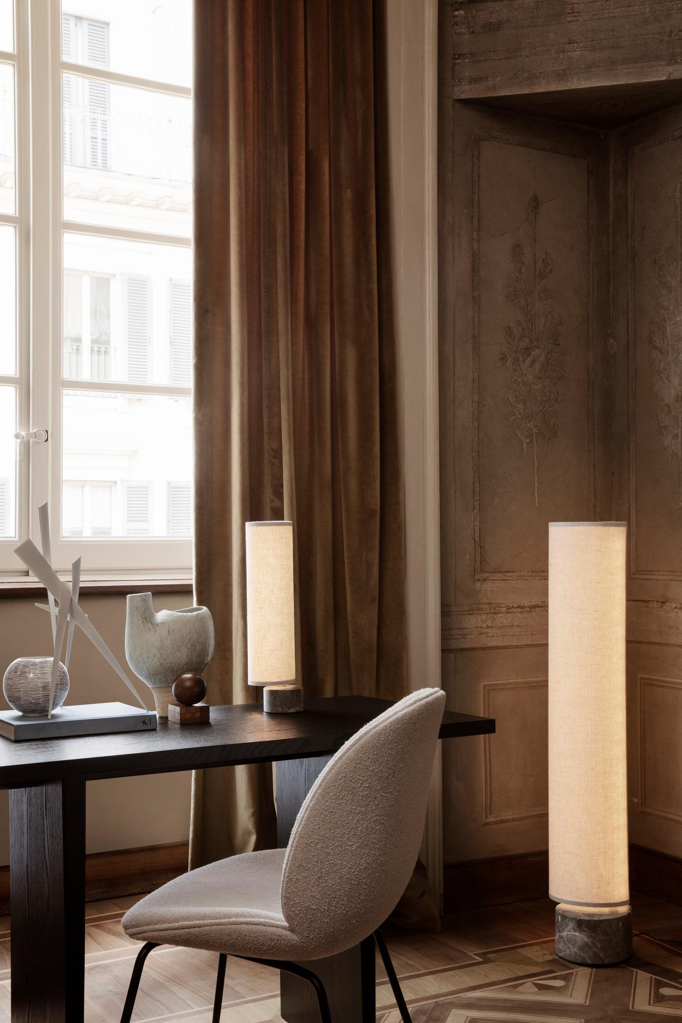 Brass 'Unbound' Table Lamp by Space Copenhagen for GUBI with White Linen Shade For Sale