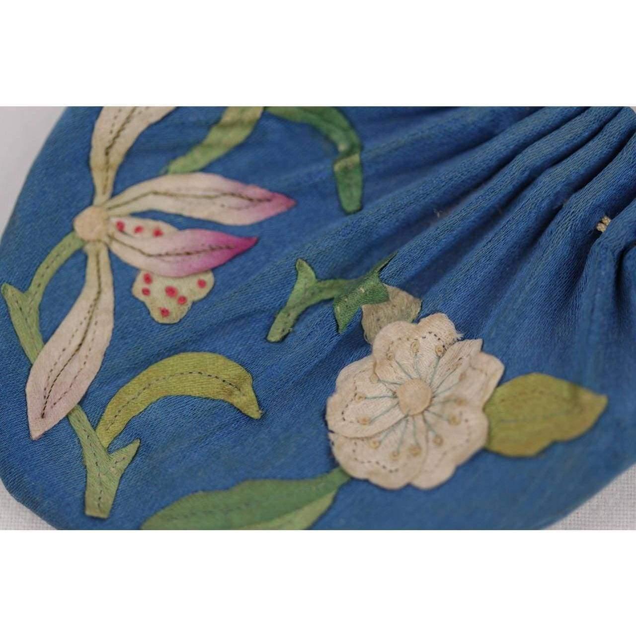 Gray Unbranded ANTIQUE CHINESE Blue Embroidered Silk SCENT PURSE BAG 19th Century
