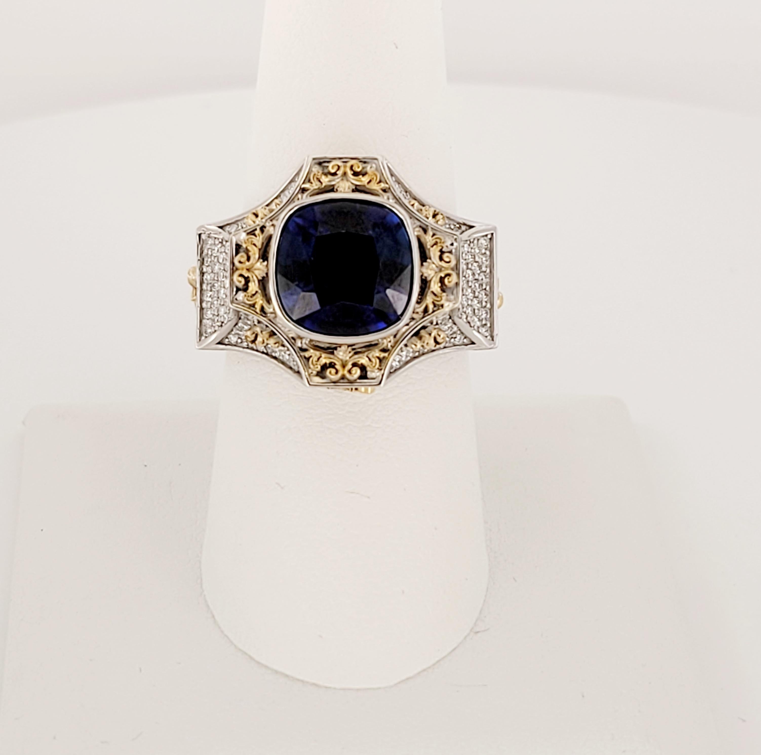 Unbranded Two-Tone ring
14K White Gold & 18K Yellow Gold
Sapphire and Diamonds
Main Stone Sapphire 3.25ct
Diamond 2.25ct
Diamond Clarity VS
Color Grade G 
Ring Size 8.75
Ring Weight 13.9gr
Condition New without tags
Retail Price $ 9.500