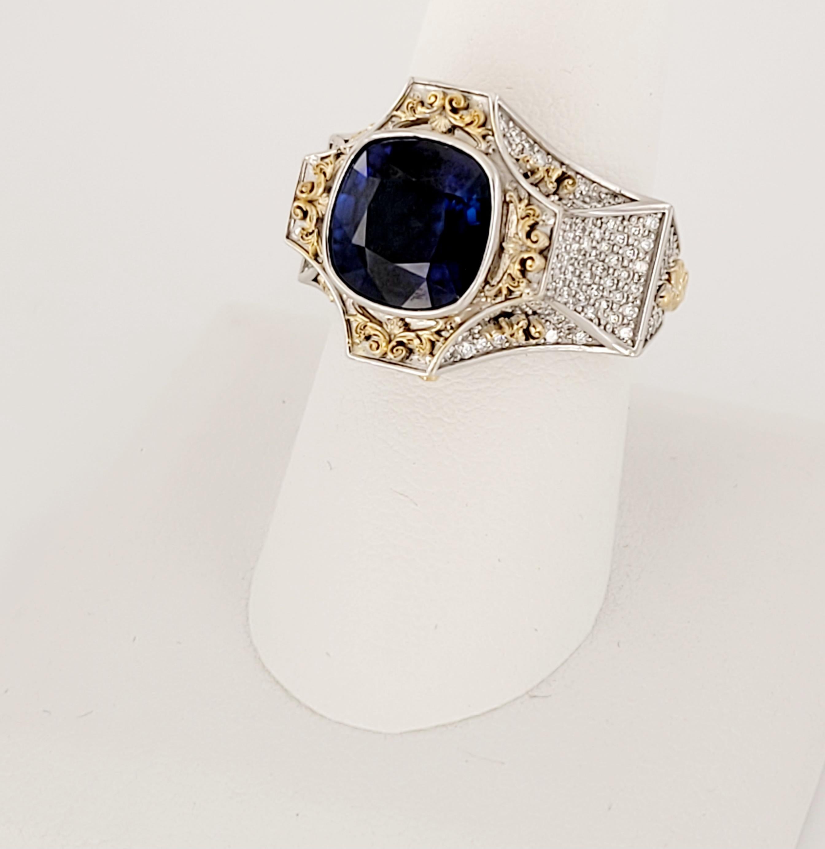 Radiant Cut Unbranded Two-Tone Sapphire Men's Ring in 14K White Gold Size 8.75 For Sale