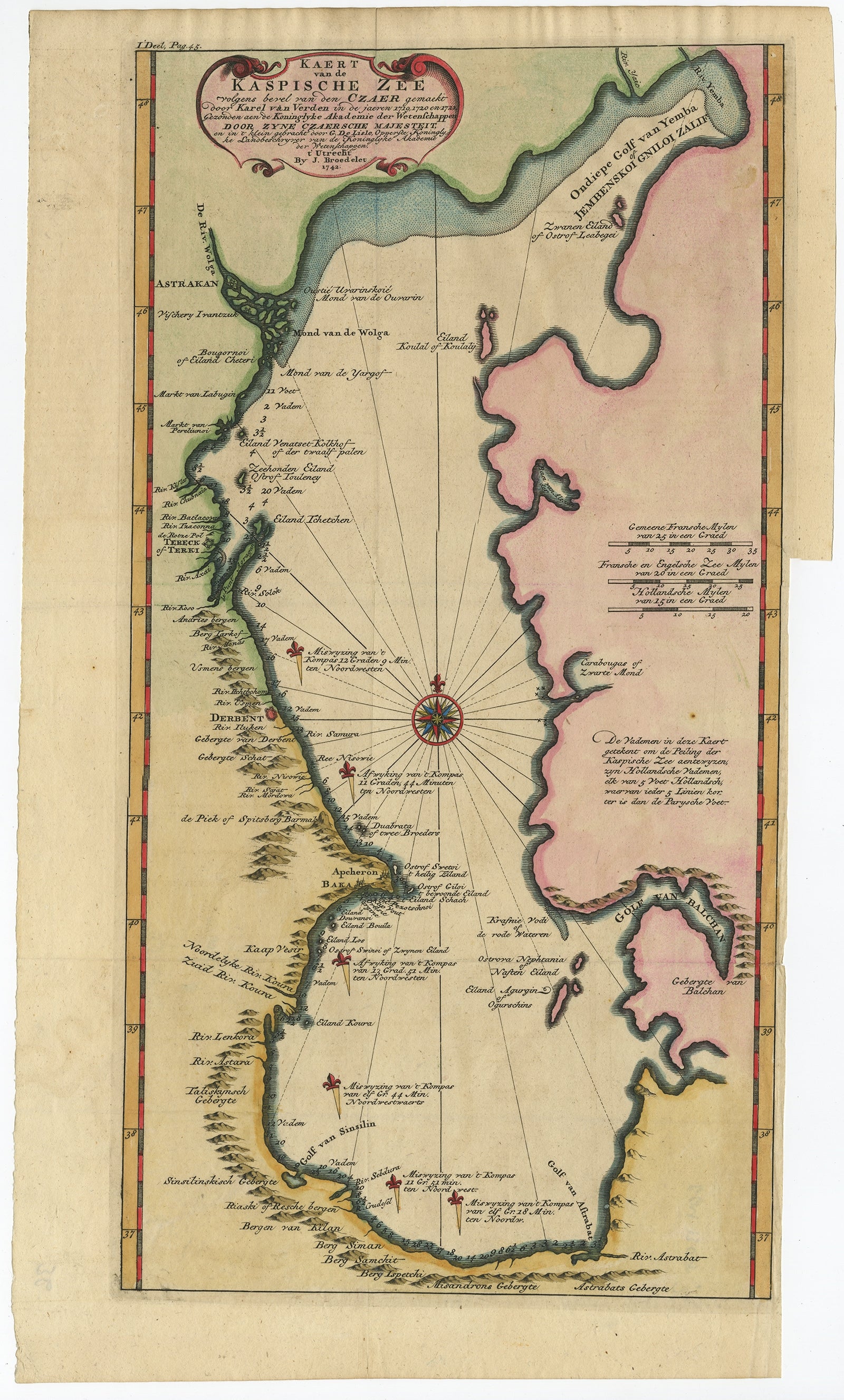 Antique map, titled: 'Kaert van de Kaspische Zee volgens bevel van den Czaer (…).' 

Uncommon map of Caspian Sea. Source unknown, to be determined.

Artists and Engravers: Made by 'Guillaume de L'Isle' after an anonymous artist. The de L'Isle