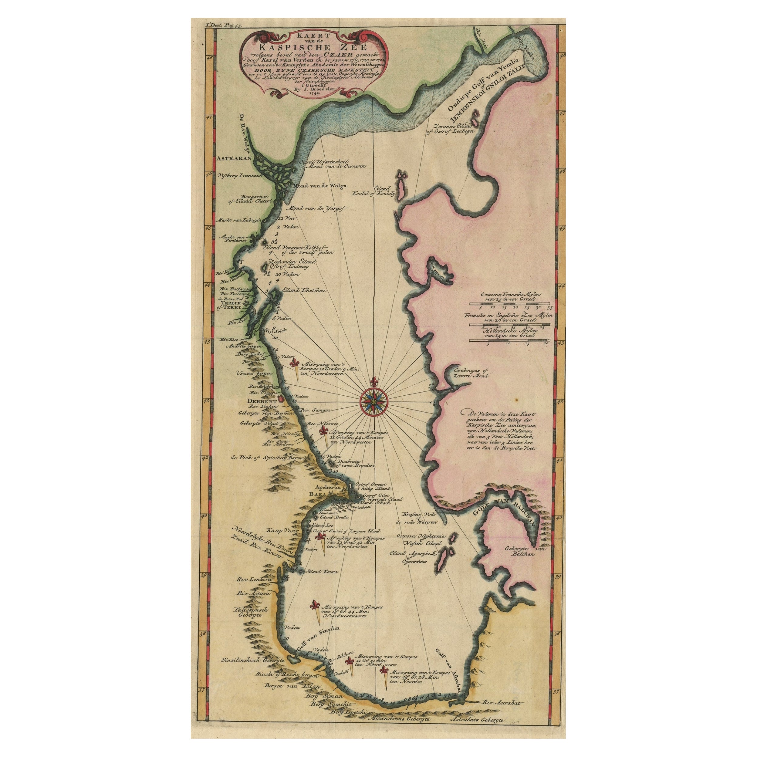Mapa poco común y raro del Mar Caspio por orden del Zar, 1742 en venta