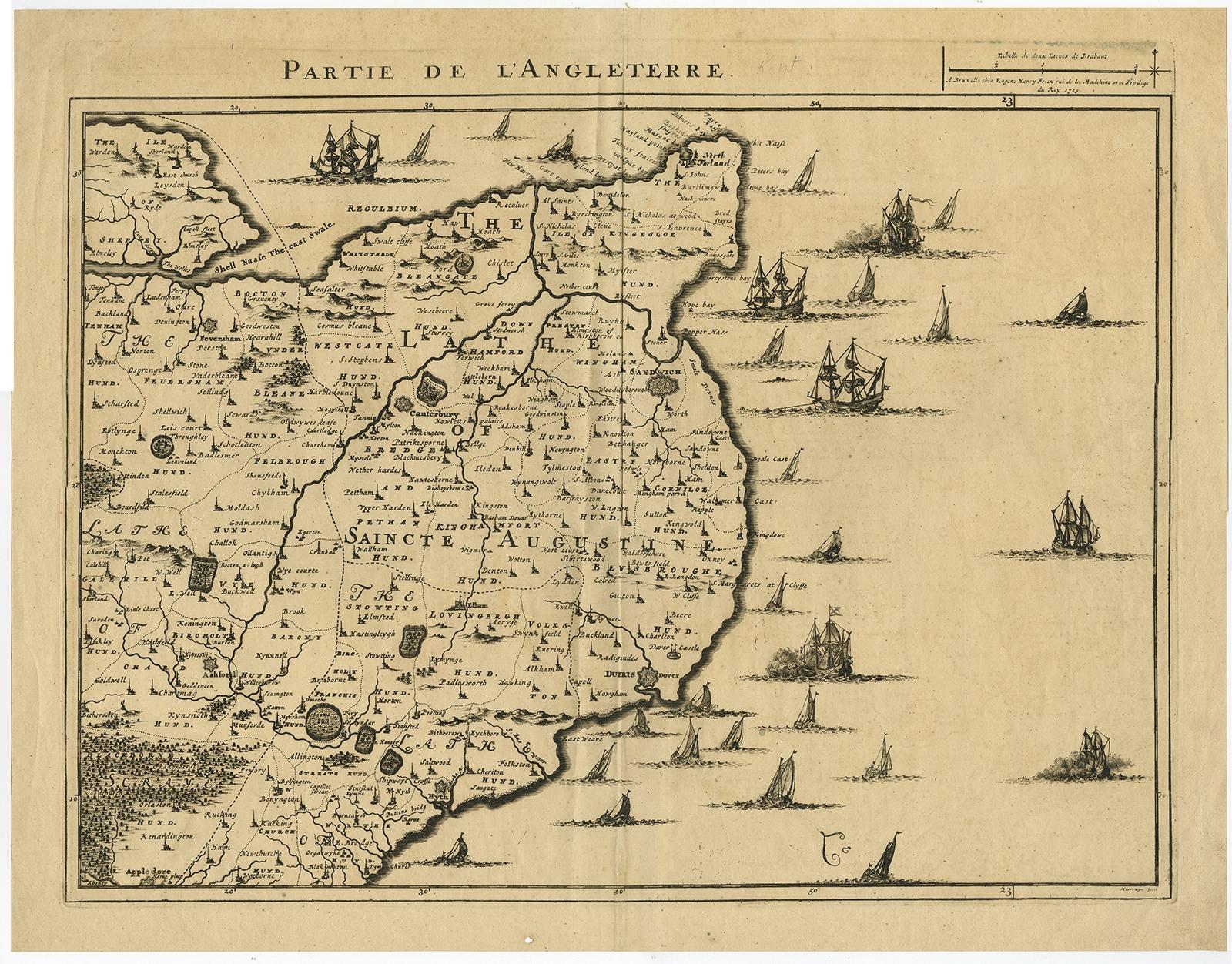 Antique map titled 'Partie de L'Angleterre' Uncommon map of the English Channel coastline with many boats on the sea. Source unknown, to be determined.

Artists and Engravers: Made by 'Jacobus Harrewijn' after 'Henry Fricx'. Jacobus Harrewijn