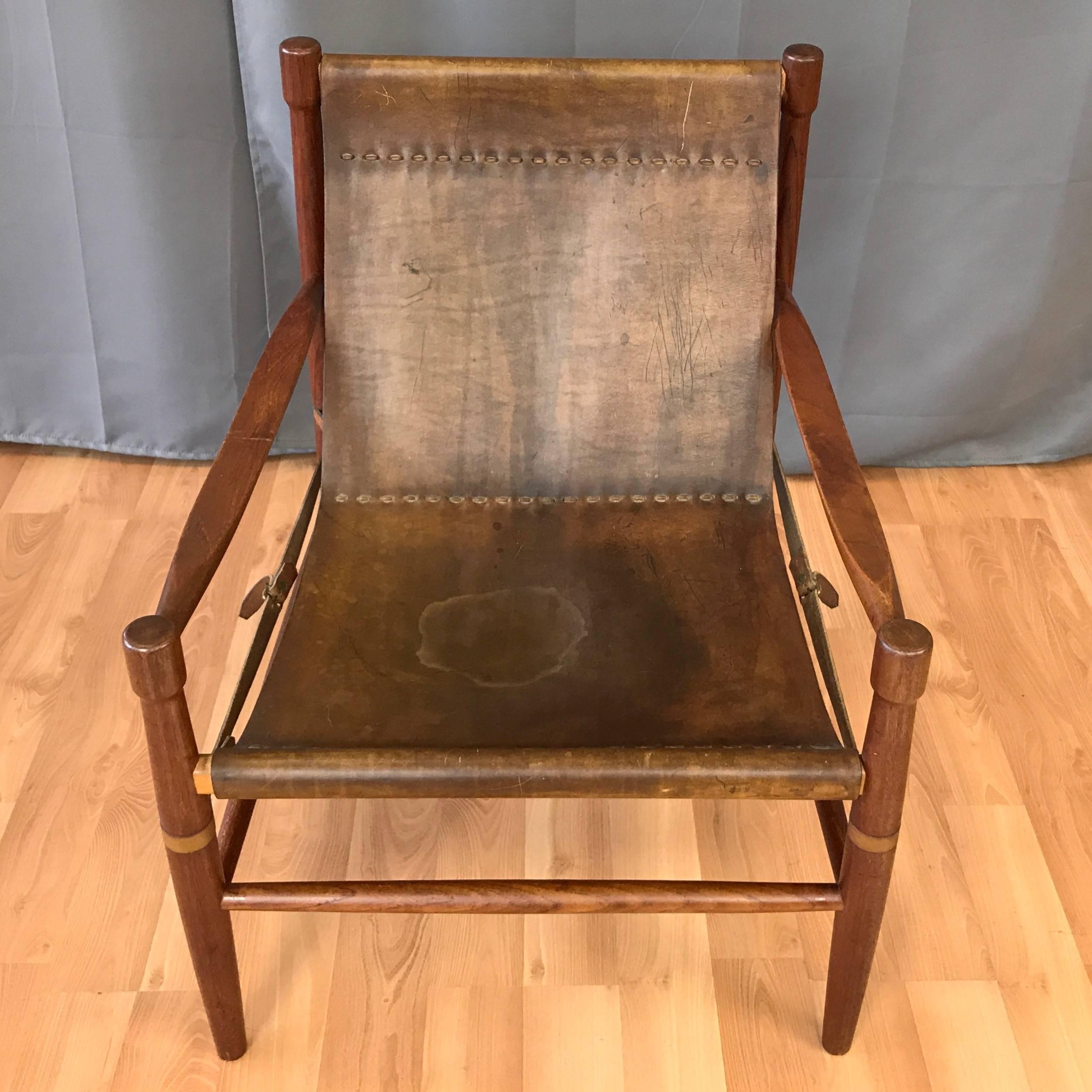 Uncommon Kaare Klint-Style Danish Teak and Leather Safari Chair 5