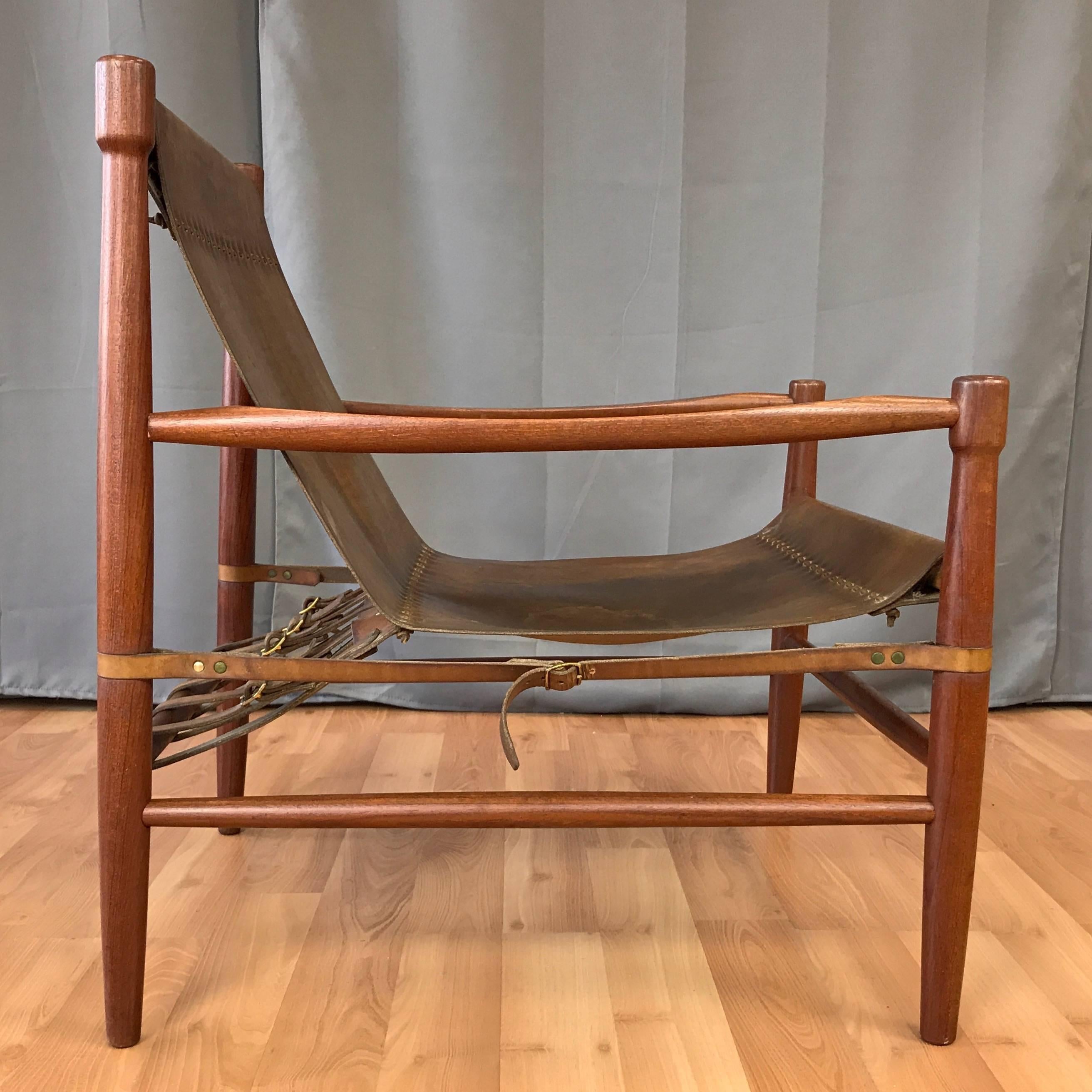 Scandinavian Modern Uncommon Kaare Klint-Style Danish Teak and Leather Safari Chair