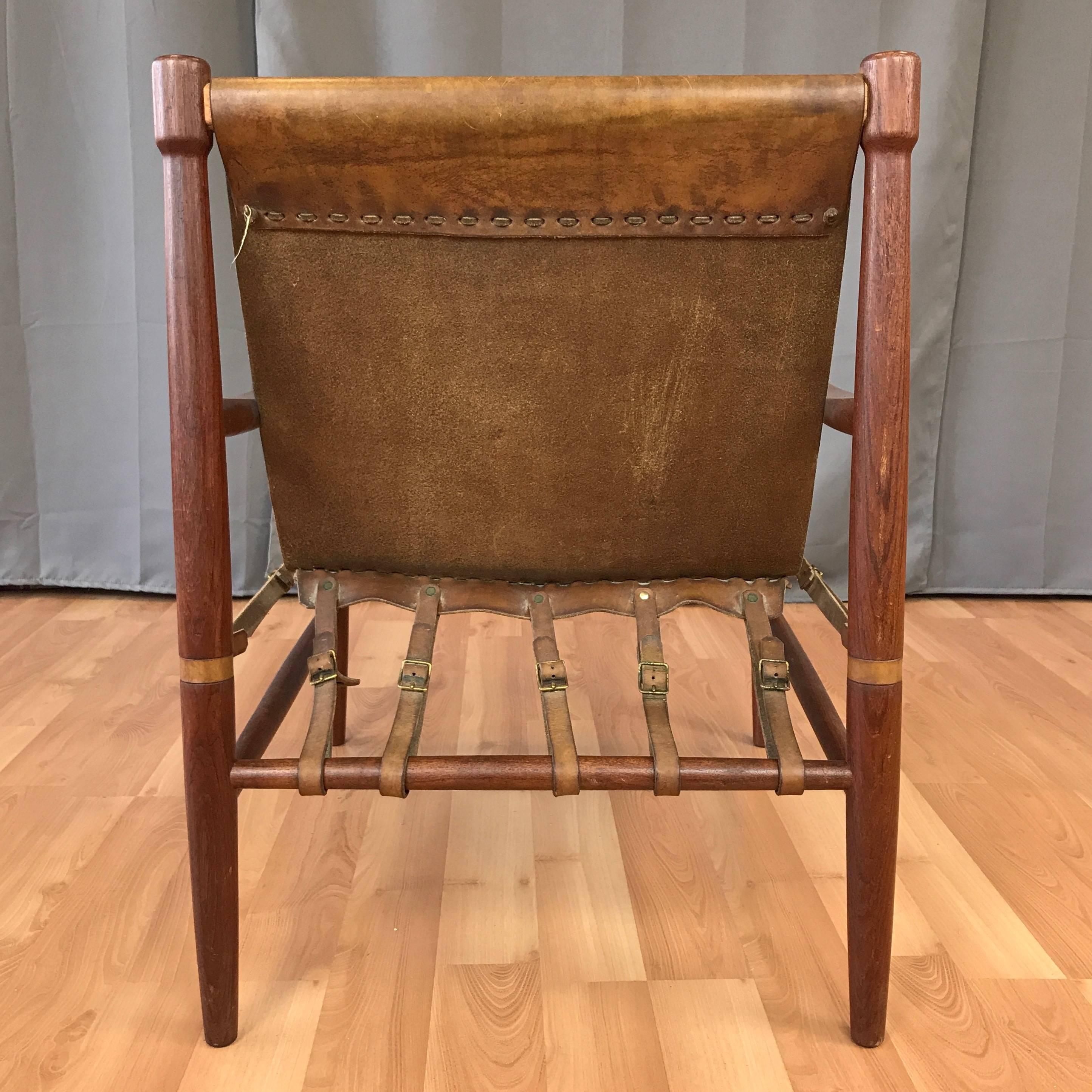 Mid-20th Century Uncommon Kaare Klint-Style Danish Teak and Leather Safari Chair