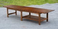 Uncommon Lane Architectural Walnut Coffee Table with Upturned Ends & Cane Shelf