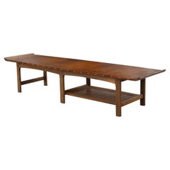 Uncommon Lane Architectural Walnut Coffee Table with Upturned Ends & Cane Shelf