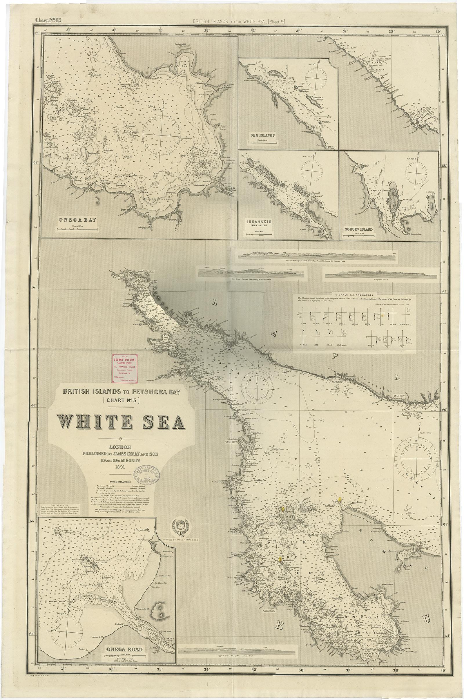 Antique map titled 'British Islands to Petshora Bay - White Sea'. Uncommon, large map of the British Islands to Petshora Bay. It shows the White Sea and inset maps of Onega Road, Onega Bay, Sem Islands, Iukanskie and Nokuev Island. 

Artists and