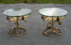 Uncommon Pair of Arthur Court Cast Aluminum & Glass Floral Form Side Tables