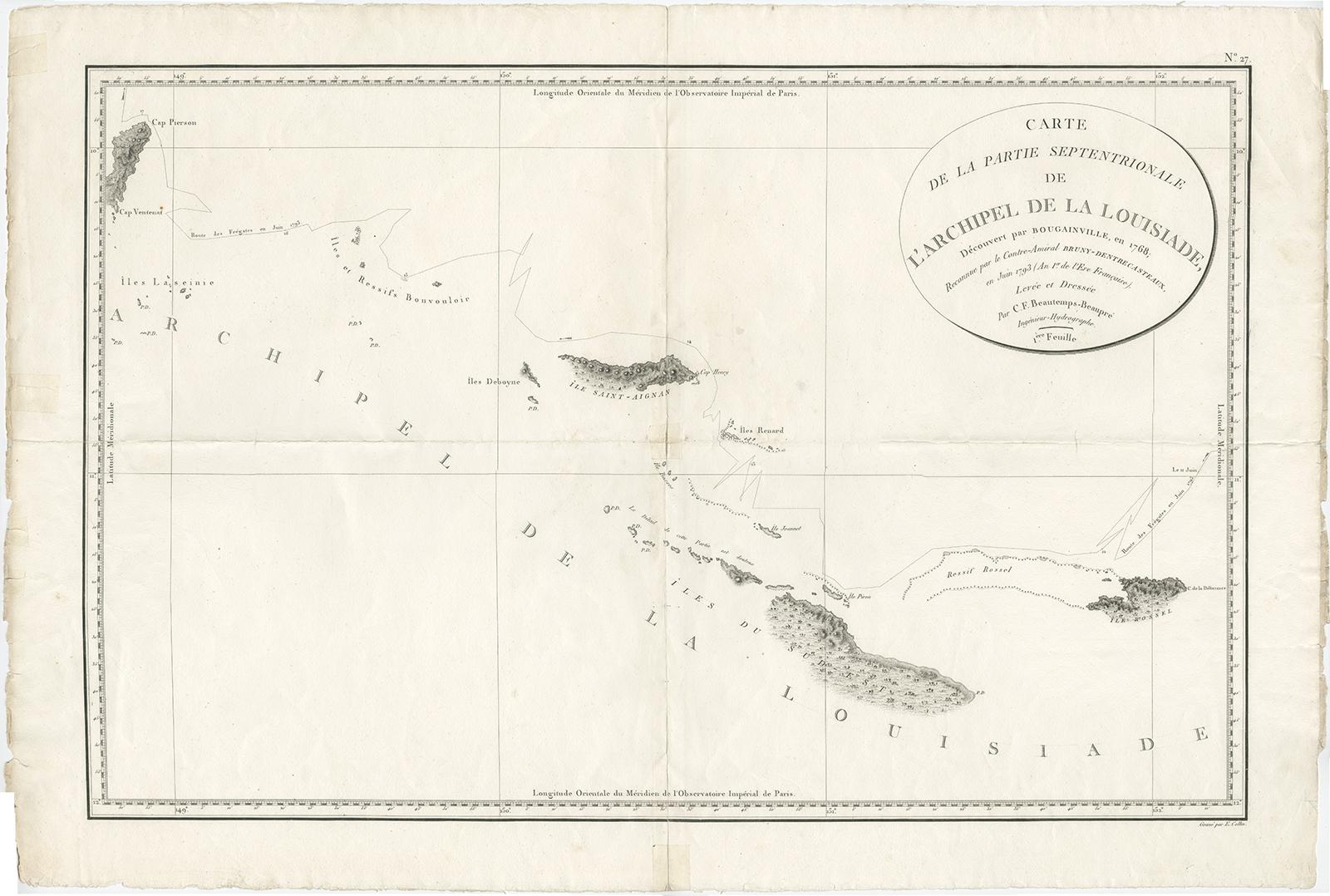 Antique map titled 'Carte de la Partie Septentrionale de l'Archipel de la Louisiade'. 

Uncommon map showing the area around the Louisiade Archipelago, named for Louis XV by Louis Antoine de Bougainville. The track of Admiral