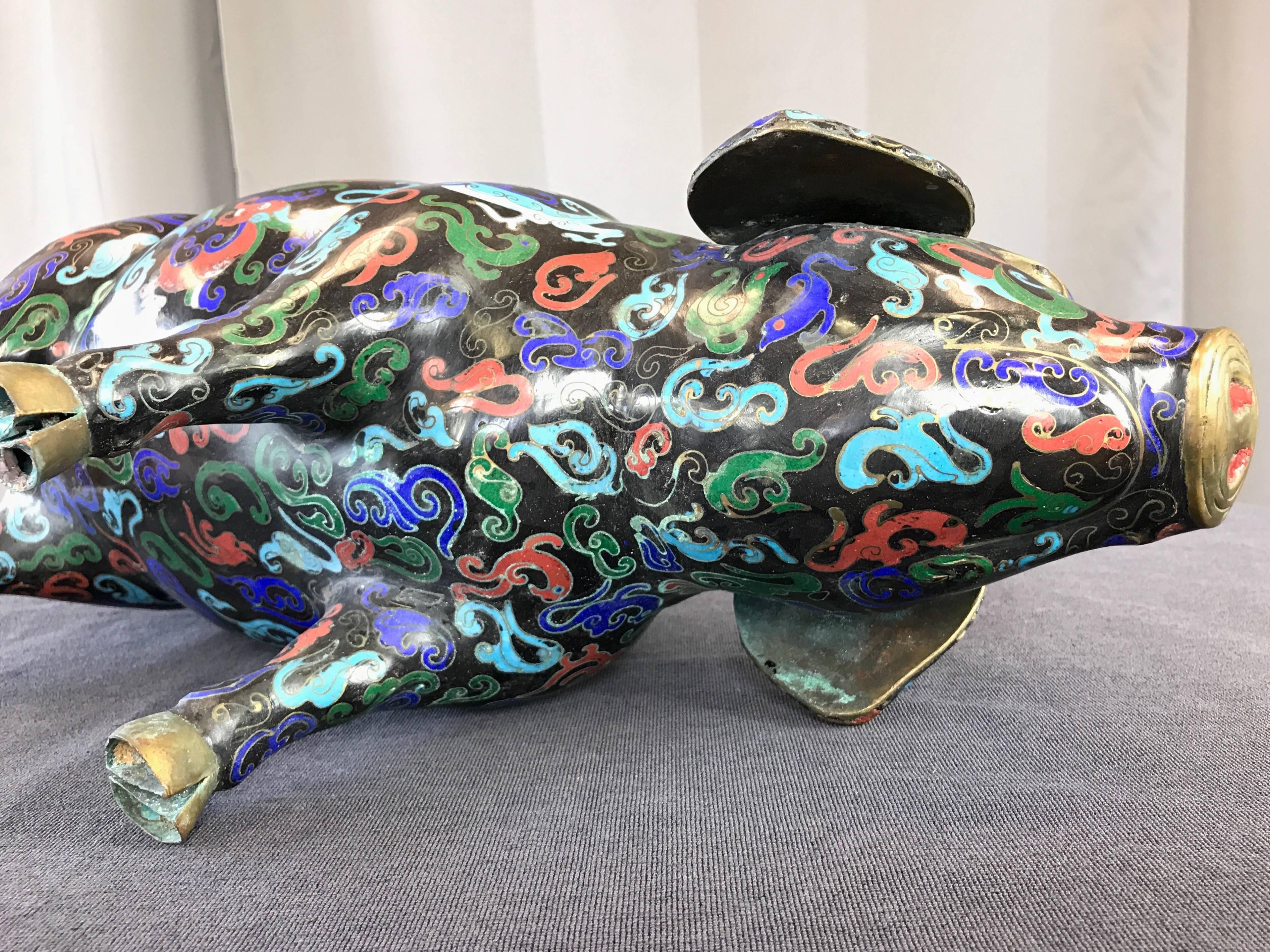 Vintage Uncommonly Large Chinese Cloisonné Pig 10