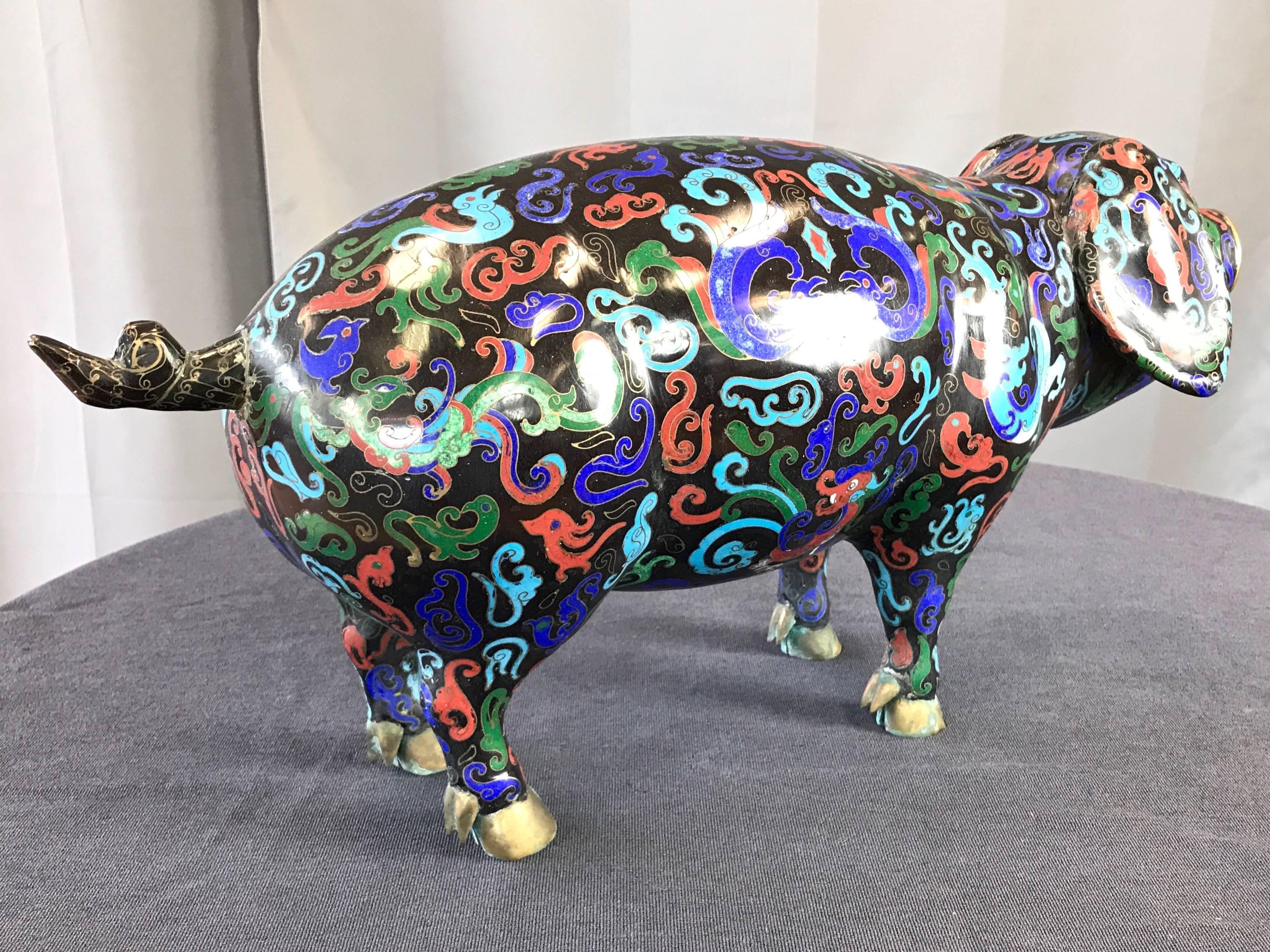 Brass Vintage Uncommonly Large Chinese Cloisonné Pig
