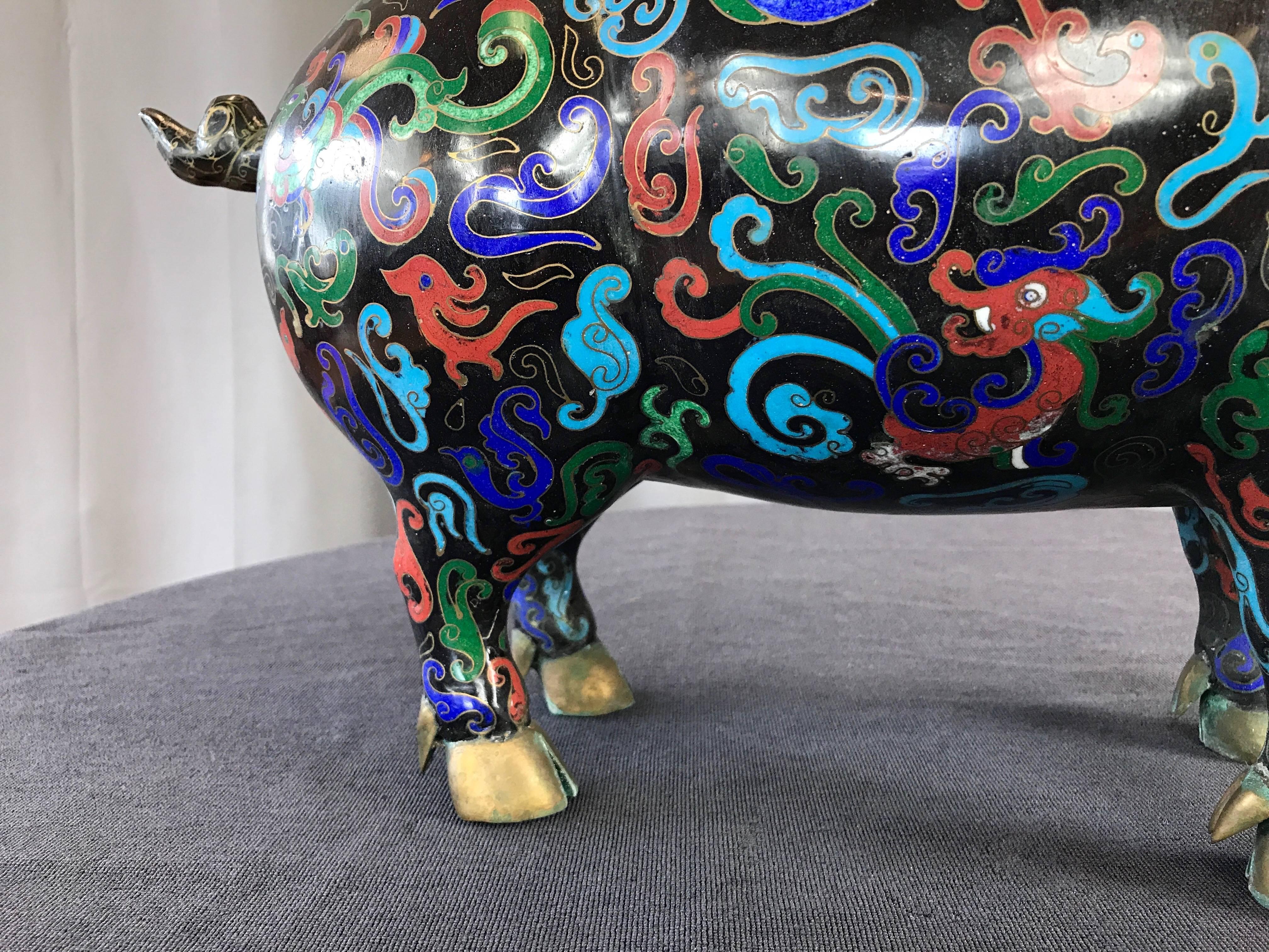 Vintage Uncommonly Large Chinese Cloisonné Pig 2