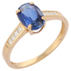 Bague de fiançailles solitaire en or jaune massif 14 carats avec saphir bleu ovale et diamant
