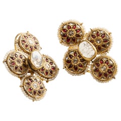 Uncut Diamond and Ruby Wallflower Earrings in 22 Karat Gold