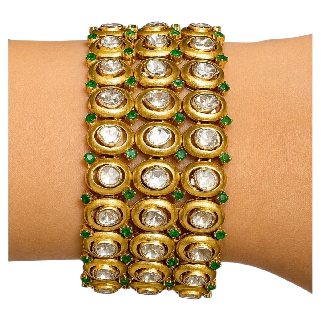 Uncut Diamond & Emerald Bracelet 18K Gold Plated Victorian Style For Sale