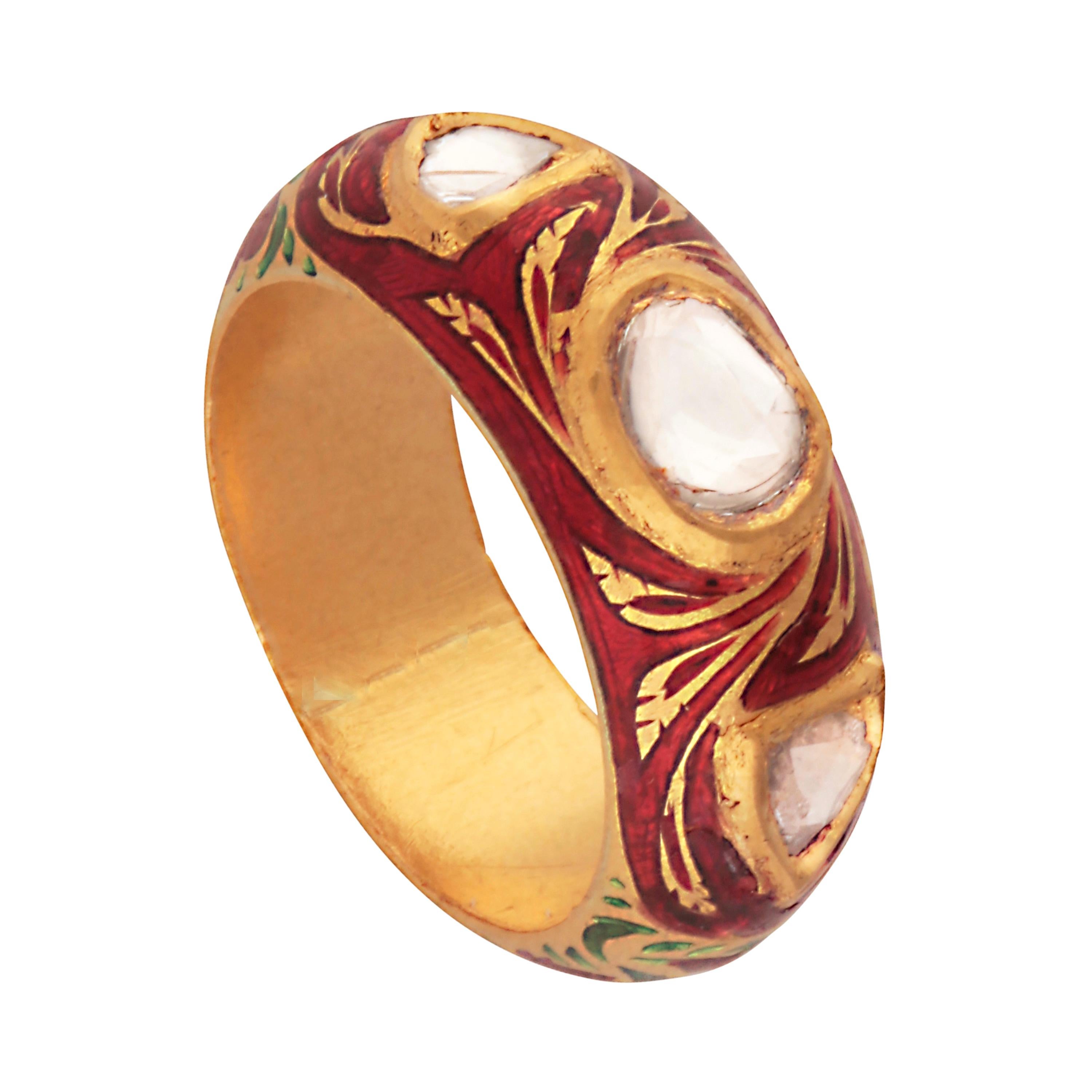 Uncut Diamond & Enamel Ring Band For Sale