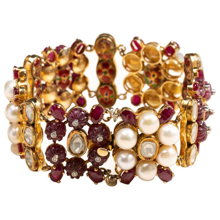 Uncut Diamond, Pearl and Ruby Bracelet For Sale
