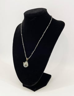 Uncut Diamonds Necklace with Dark Baroque Pearl and 0.05 Carat Sapphire