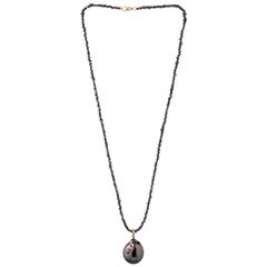 Uncut Diamonds Necklace with Dark Baroque Pearl and 0.05 Carat Sapphire