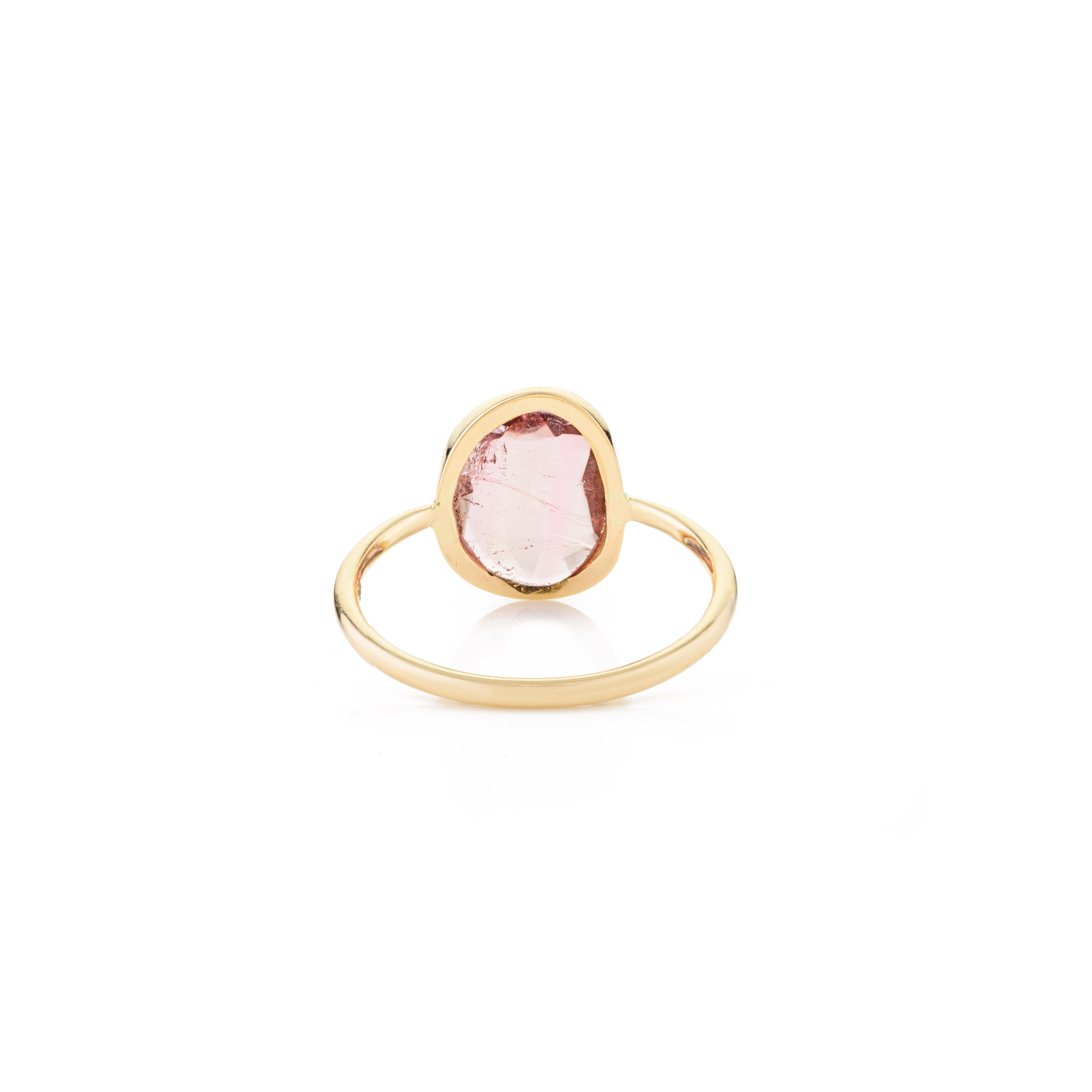 For Sale:  Uncut Pink Tourmaline Bezel Set Pinky Ring in 18k Solid Yellow Gold for Her 9