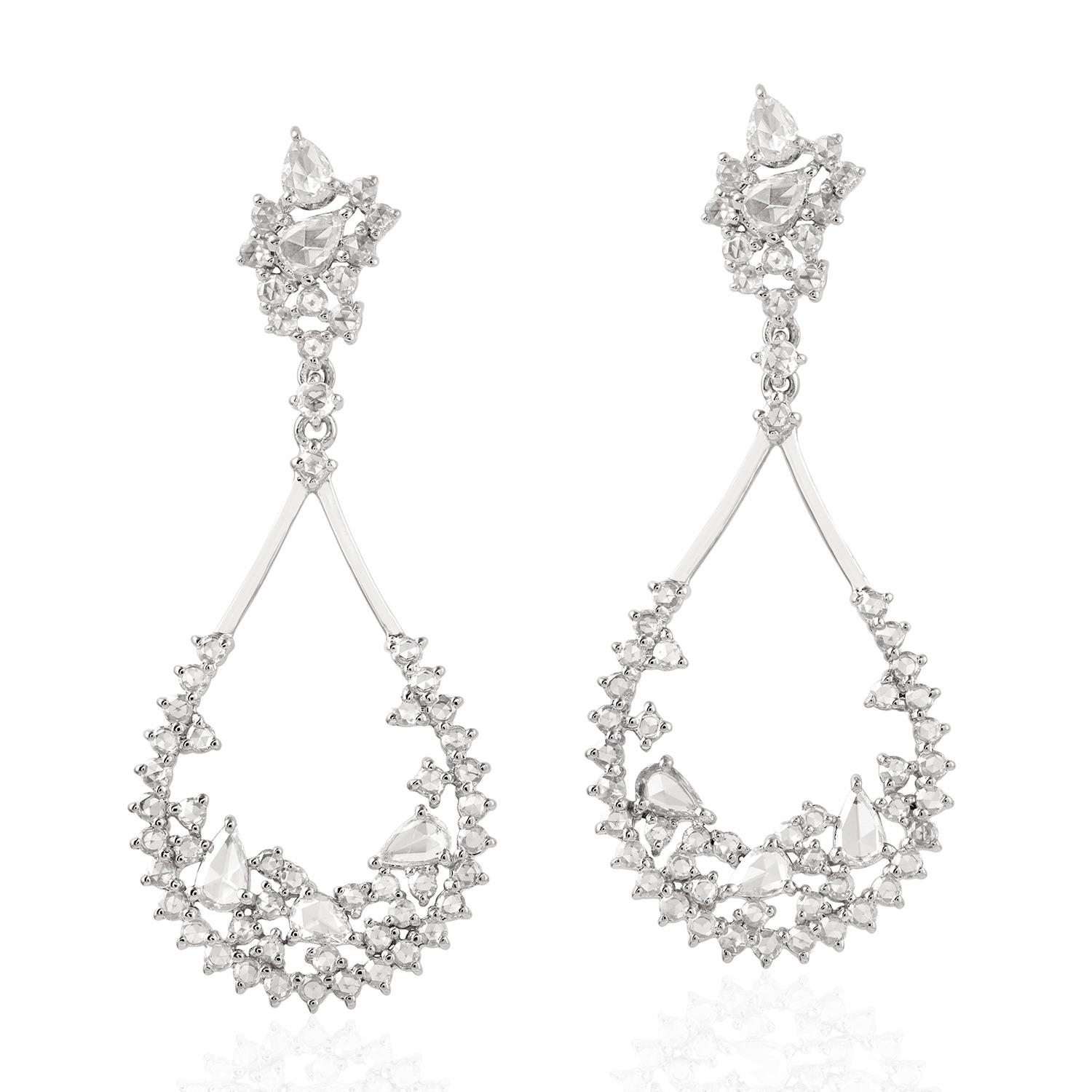 Uncut 18 Karat White Diamond Gold Earrings For Sale