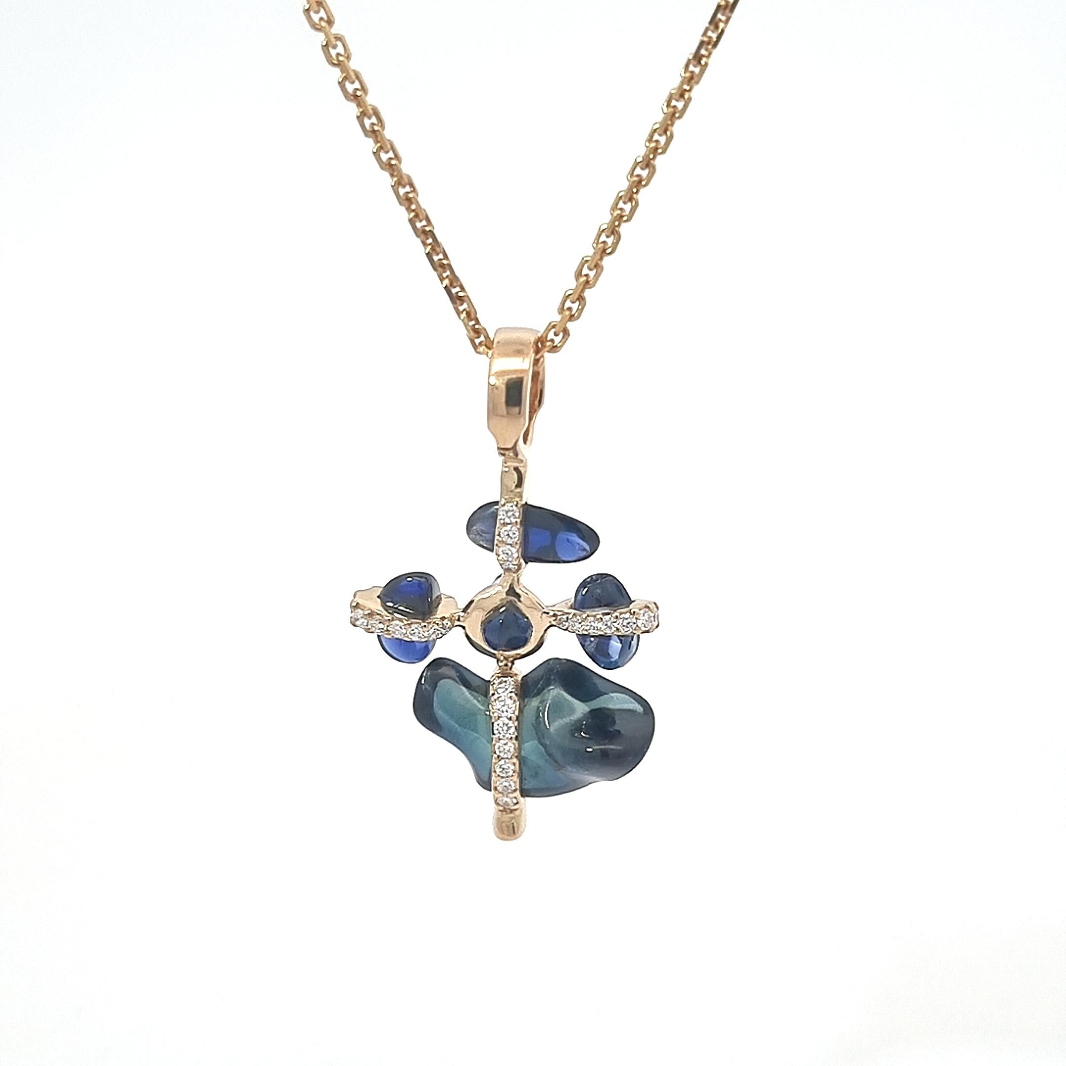Women's or Men's Uncut Sapphires Pendant with White Diamonds in a Cross Form For Sale