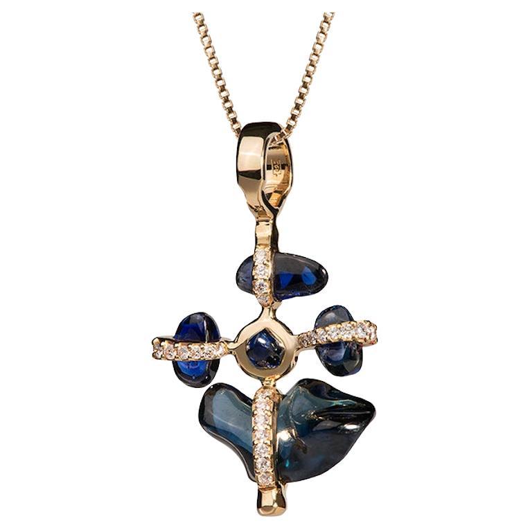 Uncut Sapphires Pendant with White Diamonds in a Cross Form For Sale