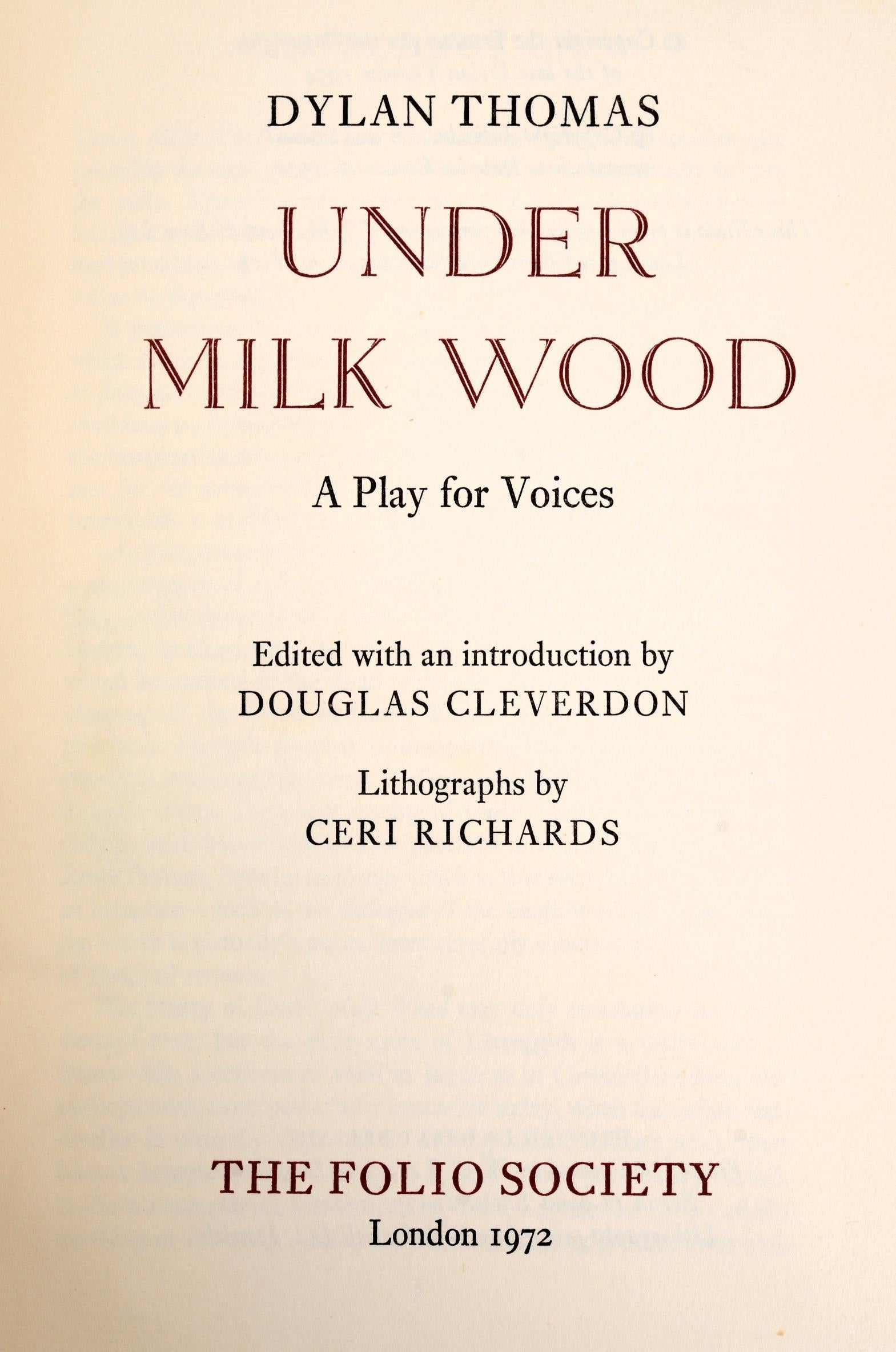 Under milk wood by Dylan Thomas, A Play for Voices. The Folio Society, London, 1972. 1st Edition Thus hardcover with slipcase. 