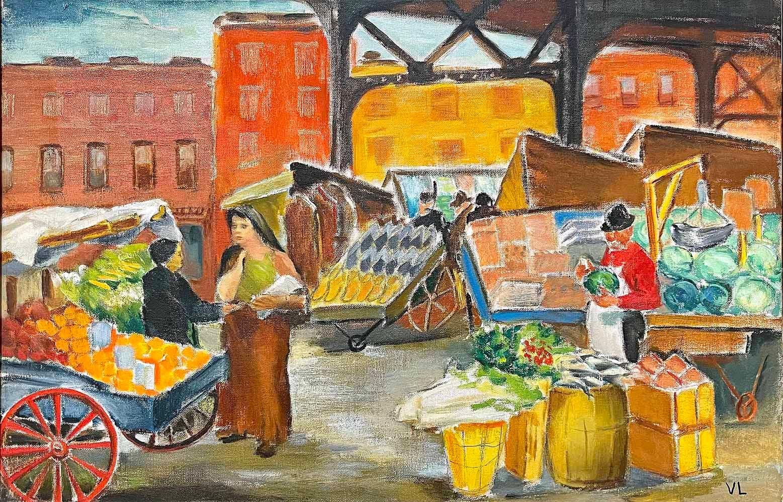 Brilliantly painted in a palette of canary yellow, orange-red, browns and blues, this WPA-period painting of an open-air market under the Market-Frankford elevated train line (