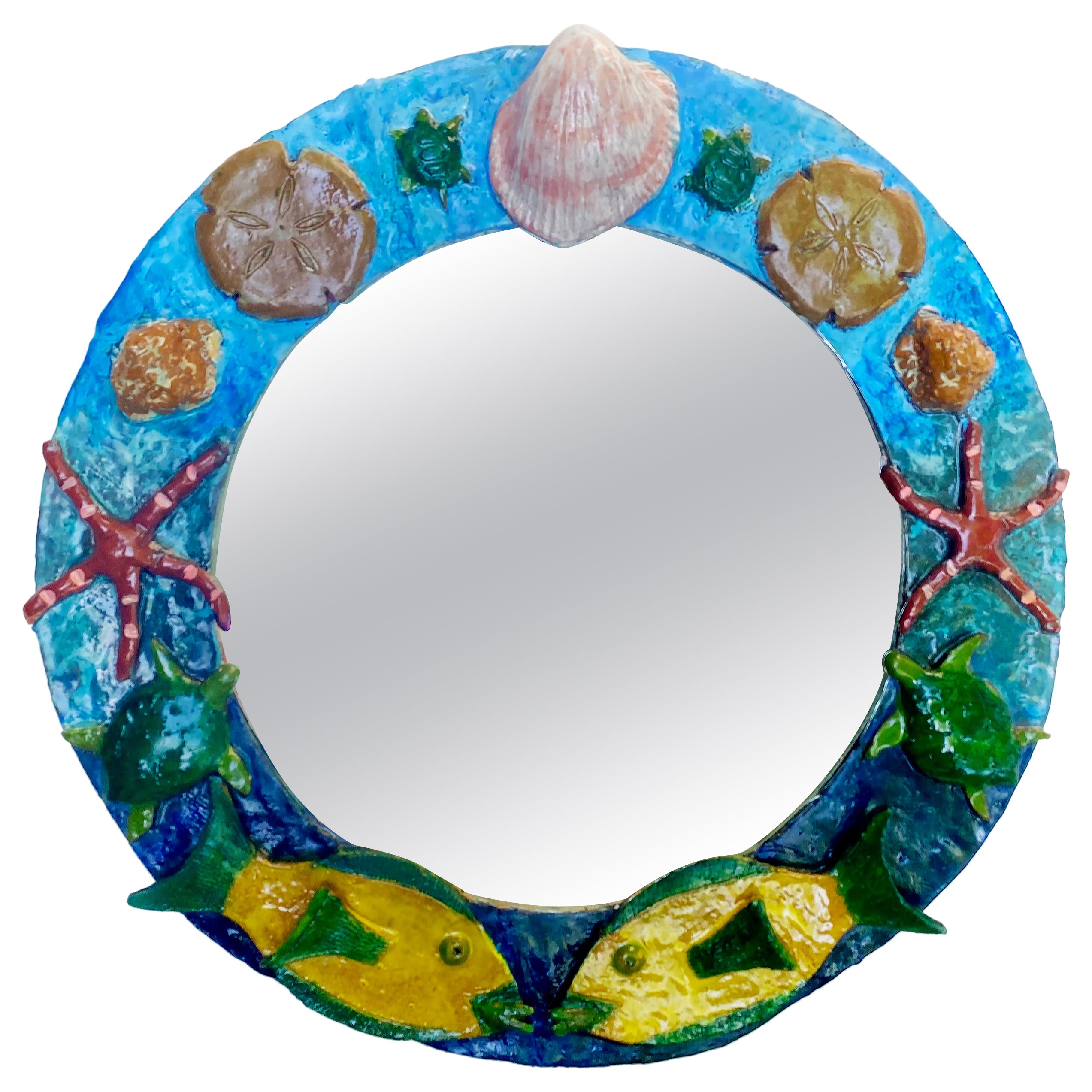 "Under the Sea" Glazed Ceramic Mirror by Florida Artist Rexx Fischer, Signed