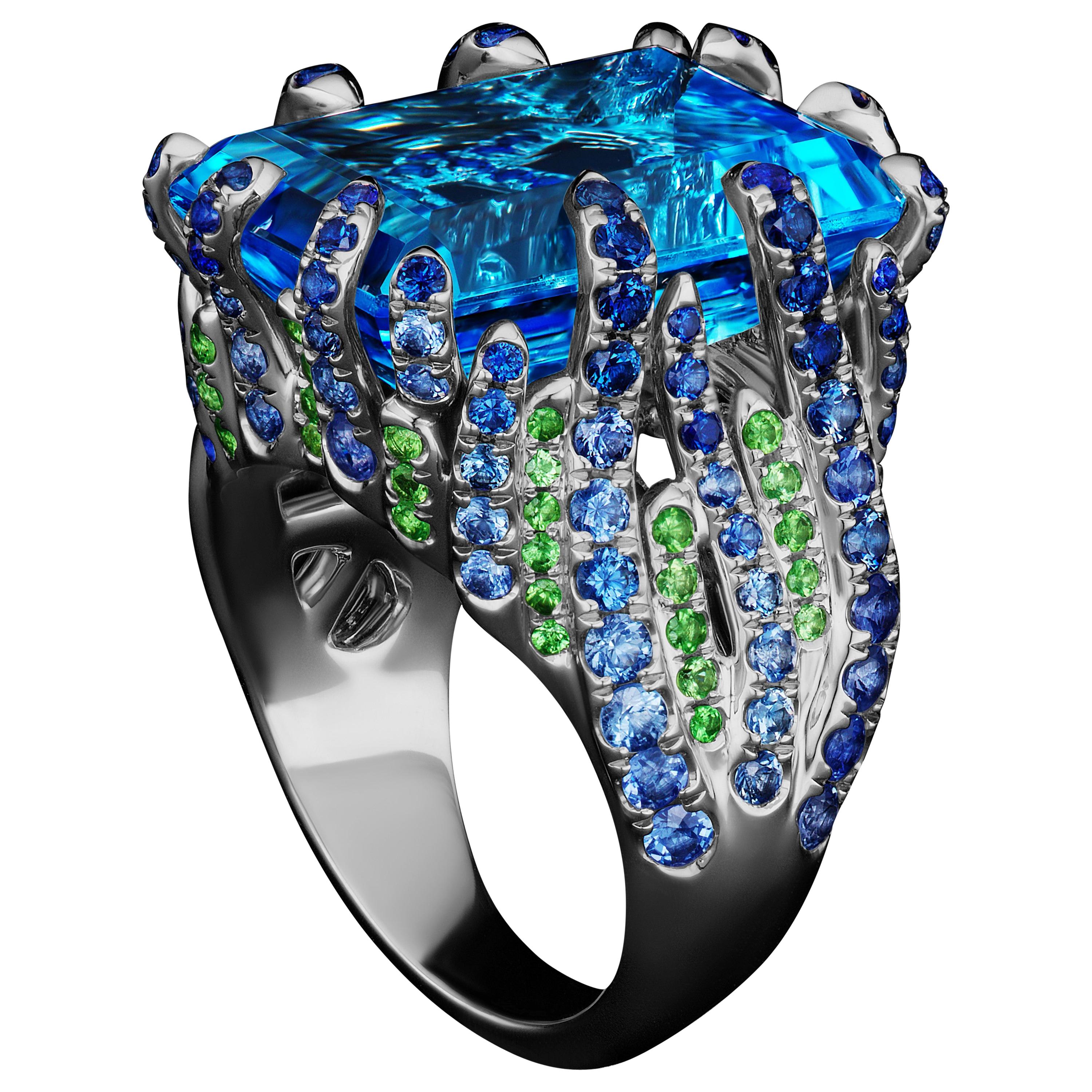 JAG New York Platinum Blue Topaz, Tsavorite and Sapphire Ring  For Sale