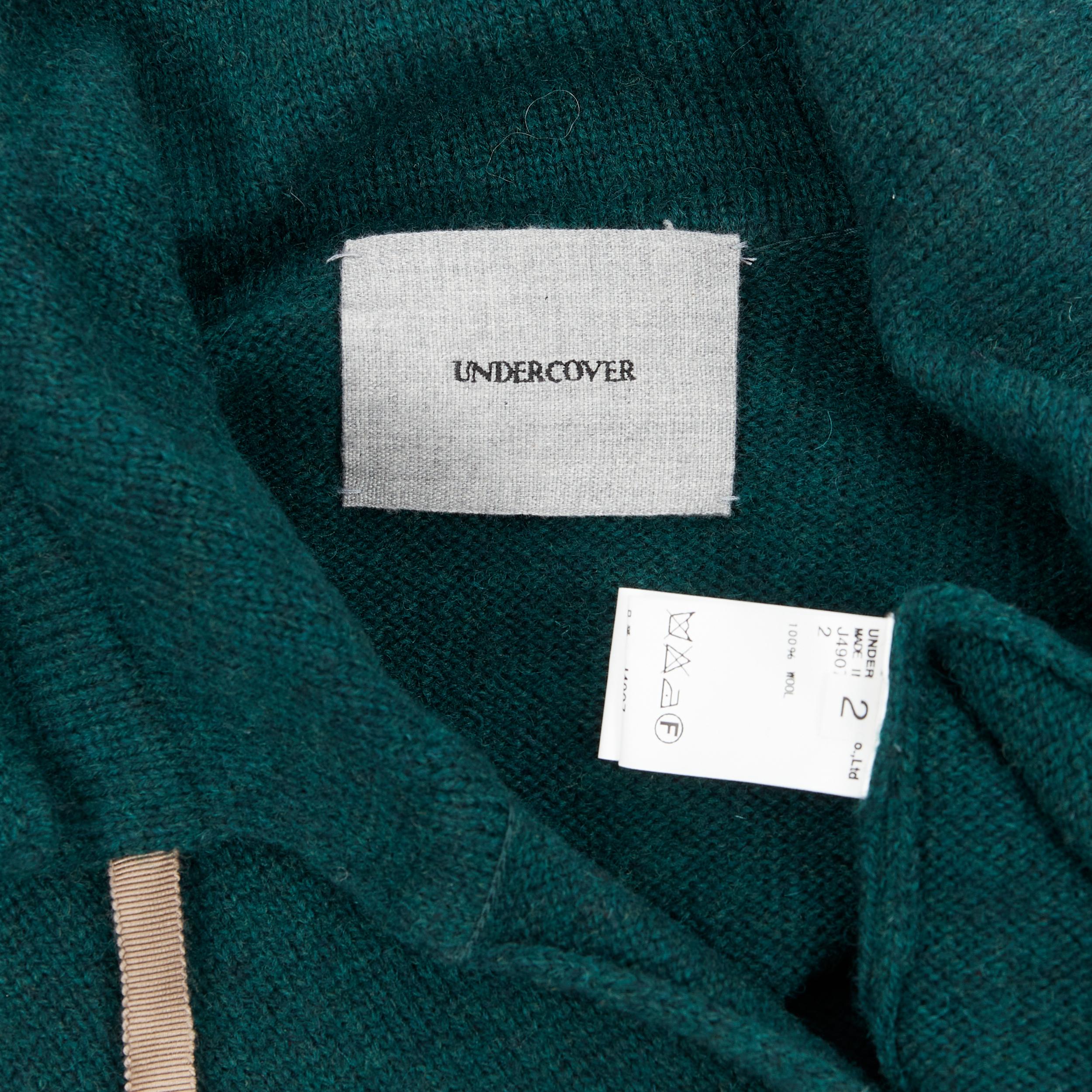UNDERCOVER 100% wool dark green ribbon drawstring V-neck pullover sweater S For Sale 3
