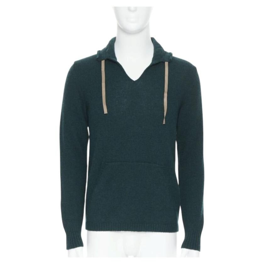 UNDERCOVER 100% wool dark green ribbon drawstring V-neck pullover sweater S For Sale