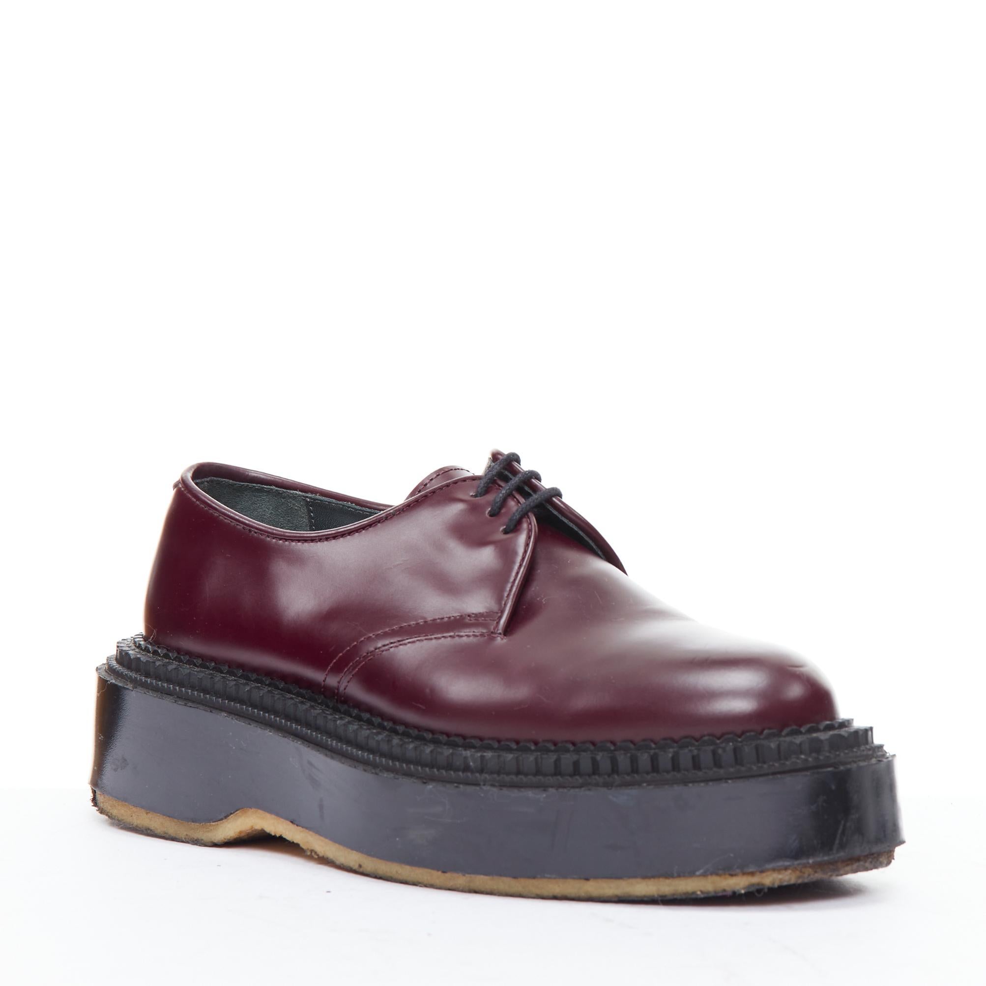 UNDERCOVER ADIEU 2018 Derby burgundy chunky platform creepers EU38
Reference: ECLO/A00081
Brand: Undercover
Model: Derby
Collection: FW 2018 Adieu Paris
Material: Leather
Color: Burgundy, Black
Pattern: Solid
Closure: Lace Up
Lining: Black