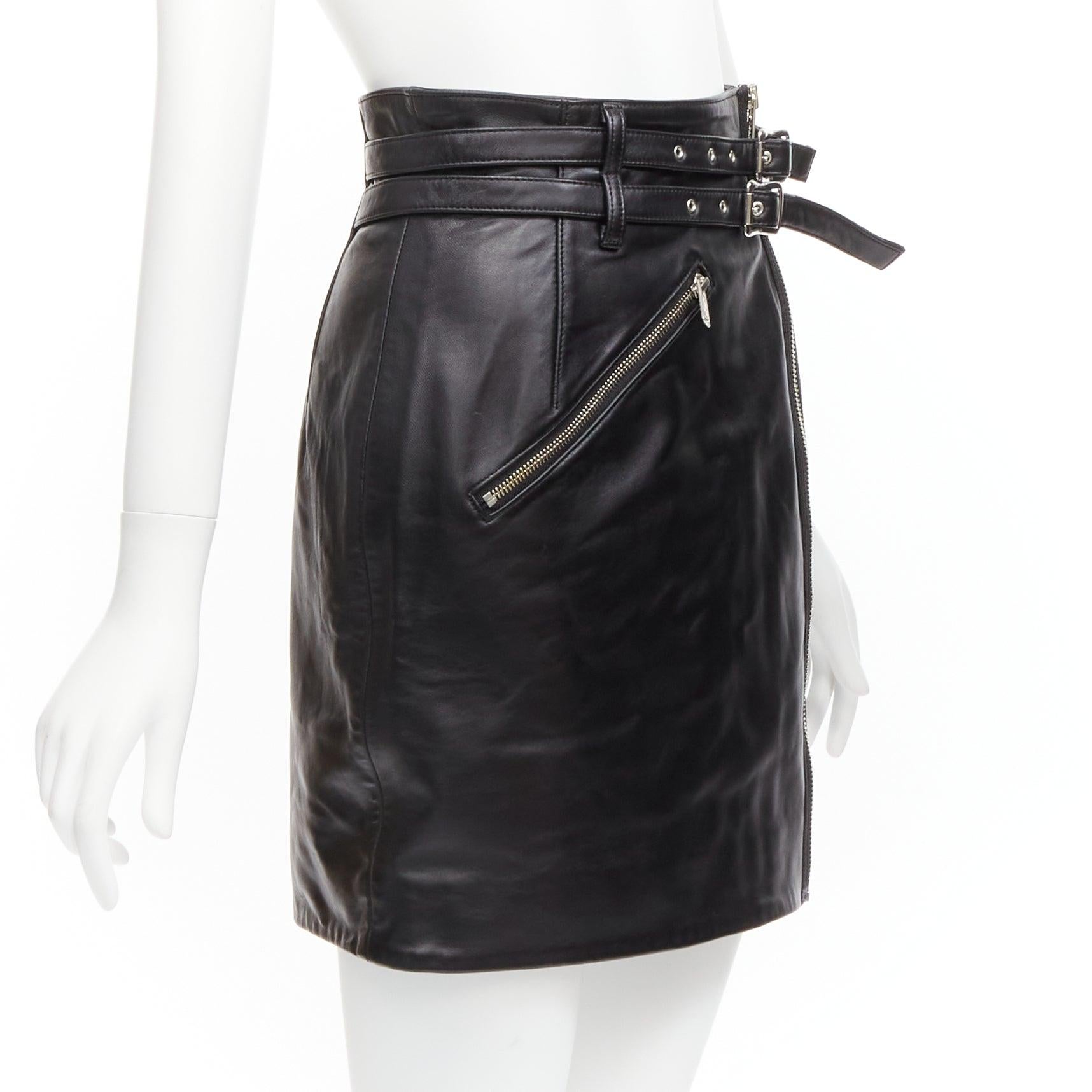 Black UNDERCOVER black sheep leather silver zip motorcycle biker skirt JP2 M For Sale