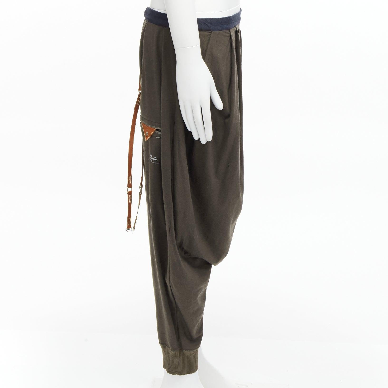 Men's UNDERCOVER charcoal brown cotton leather suspenders drop crotch jogger pants For Sale