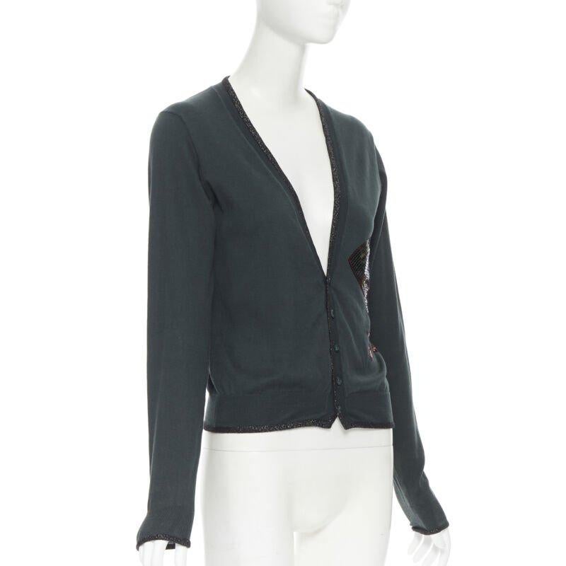 Black UNDERCOVER dark green cotton sequins floral patch lurex trimmed cardigan JP1 S For Sale