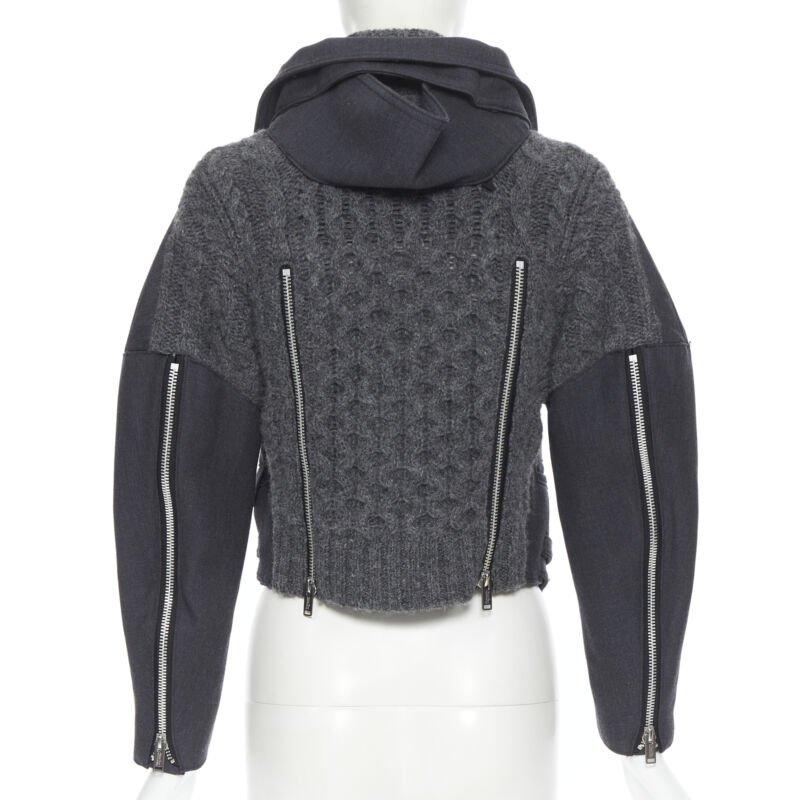 Women's UNDERCOVER grey wool cable knit deconstructed curved sleeve biker jacket JP2 M For Sale